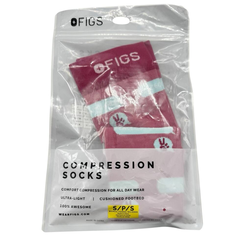 NWT FIGS Compression 100% Awesome Socks Pink Womens Size Small Peace Out Cancer